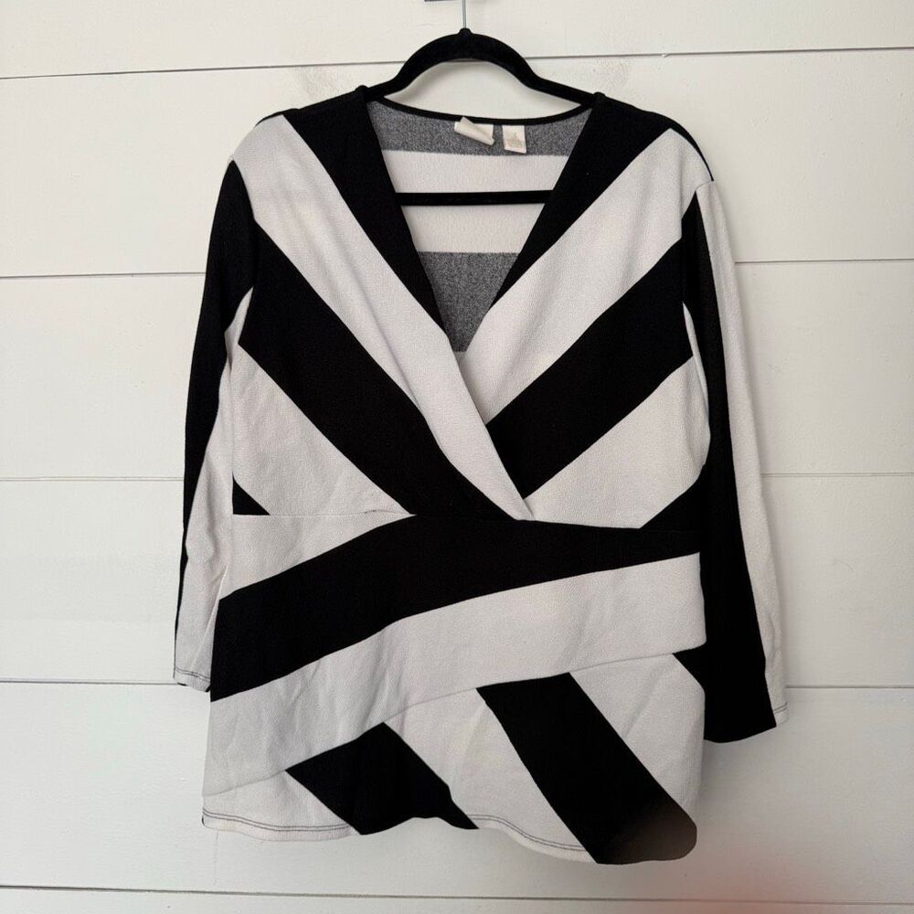 Chico’s Women’s 3 Black White Vneck Faux Wrap Top